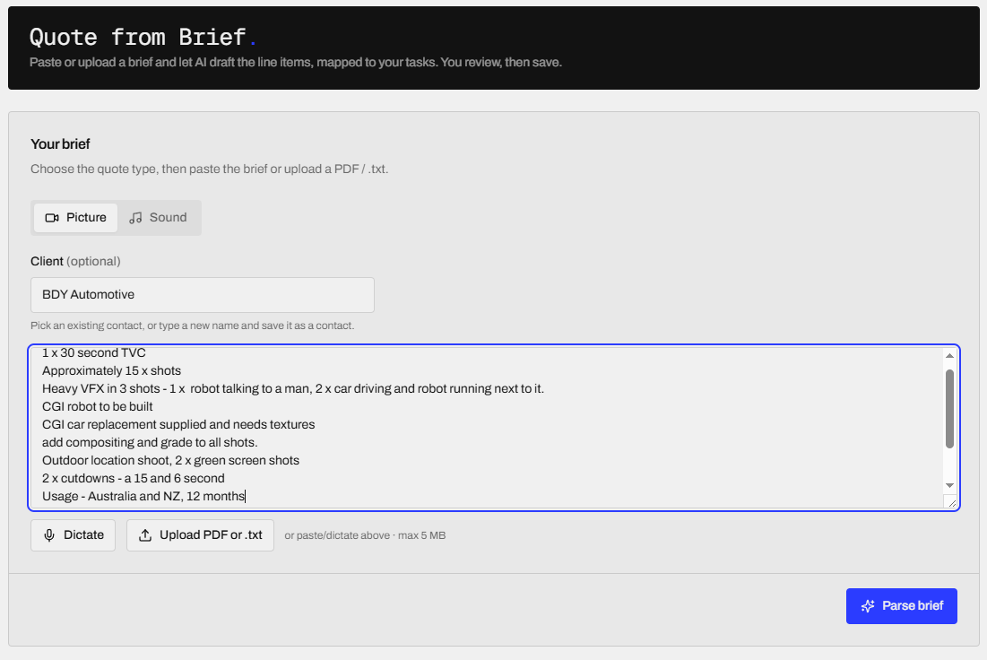 The AI Quote Builder — a project brief on the left, an AI-drafted quote priced from your rates on the right